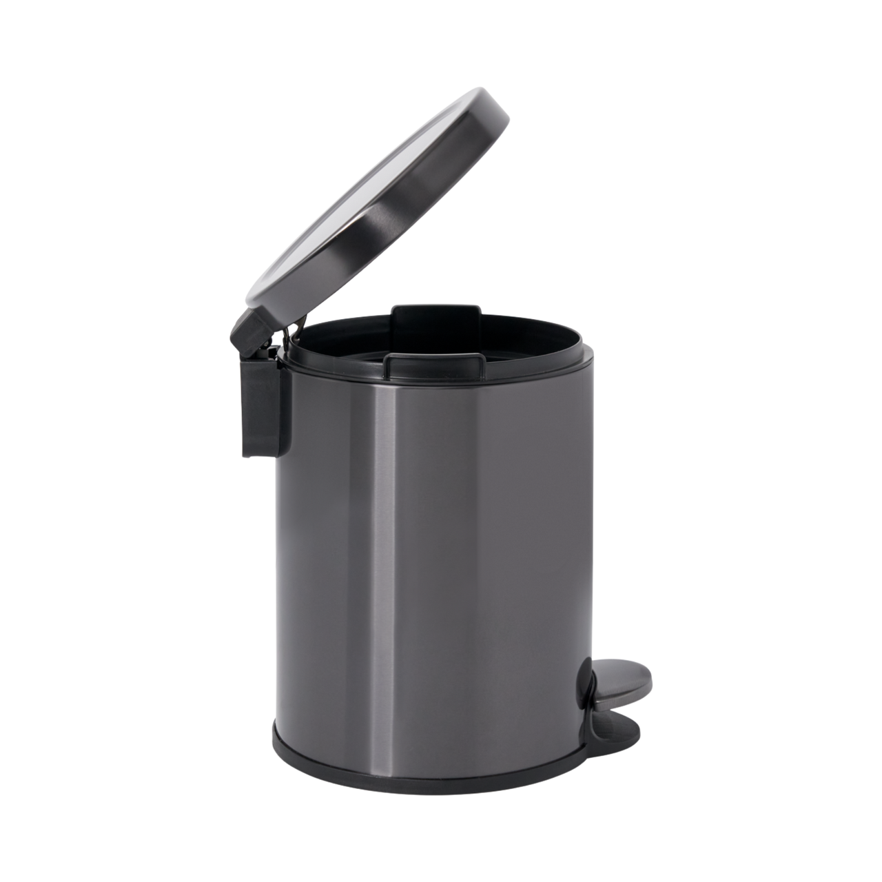 Rubbermaid 2179250 - Round Pedal-Operated Wastebasket - 6 Ltr - Charcoal - Profile with Lid Open Rubbermaid 2179250 - Round Pedal-Operated Wastebasket - 6 Ltr - Charcoal - Profile with Lid Open