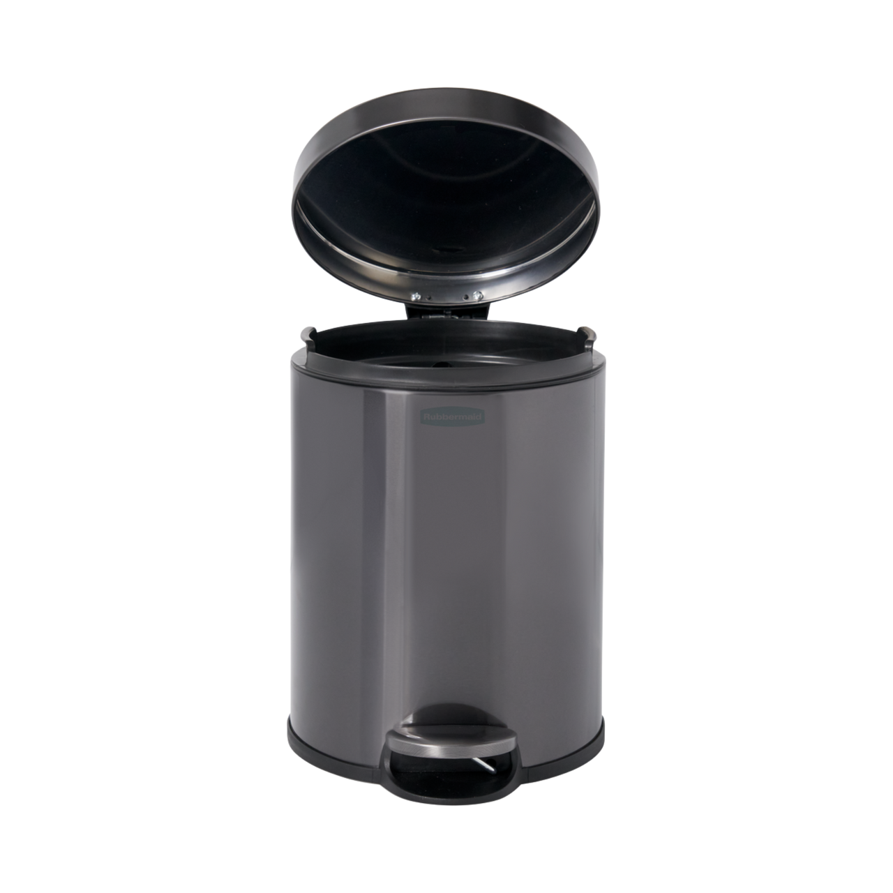 Rubbermaid 2179250 - Round Pedal-Operated Wastebasket - 6 Ltr - Charcoal - Facing Forwards with Lid Open Rubbermaid 2179250 - Round Pedal-Operated Wastebasket - 6 Ltr - Charcoal - Facing Forwards with Lid Open
