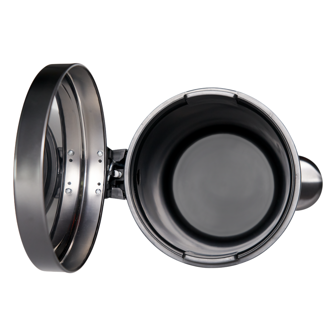 Overhead of  Rubbermaid's Round Pedal-Operated Wastebasket with Lid Open Overhead of  Rubbermaid's Round Pedal-Operated Wastebasket with Lid Open