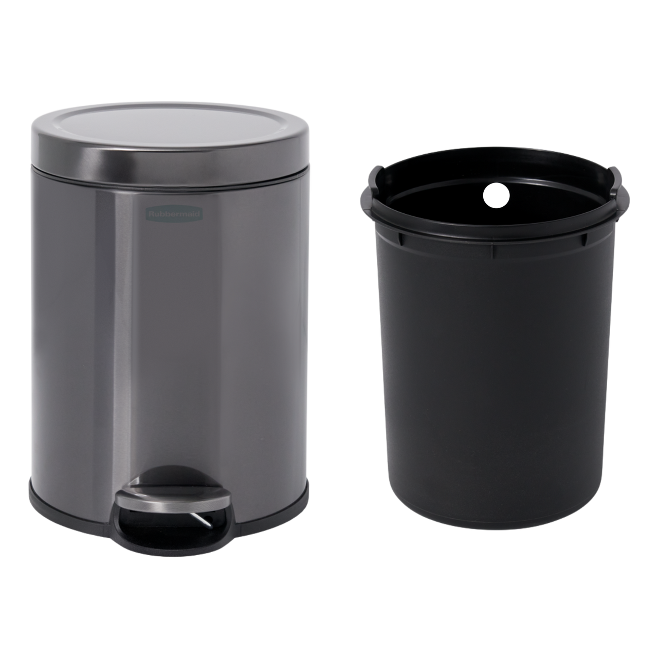 Rubbermaid's Round Pedal-Operated Wastebasket Placed Next to Removable Inner Bucket Rubbermaid's Round Pedal-Operated Wastebasket Placed Next to Removable Inner Bucket