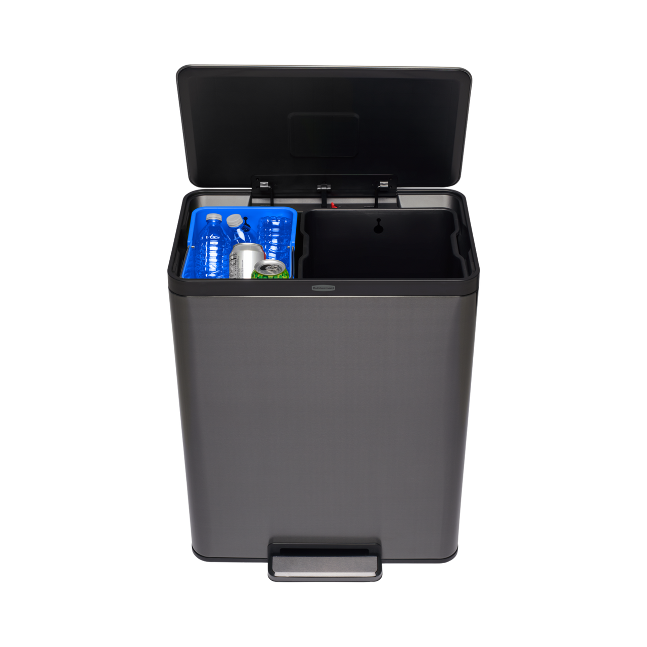 Elevated Front-Facing Image of Elite Dual Stream Pedal Bin with Lid Open Showing Removable Buckets and Recyclable Waste Elevated Front-Facing Image of Elite Dual Stream Pedal Bin with Lid Open Showing Removable Buckets and Recyclable Waste