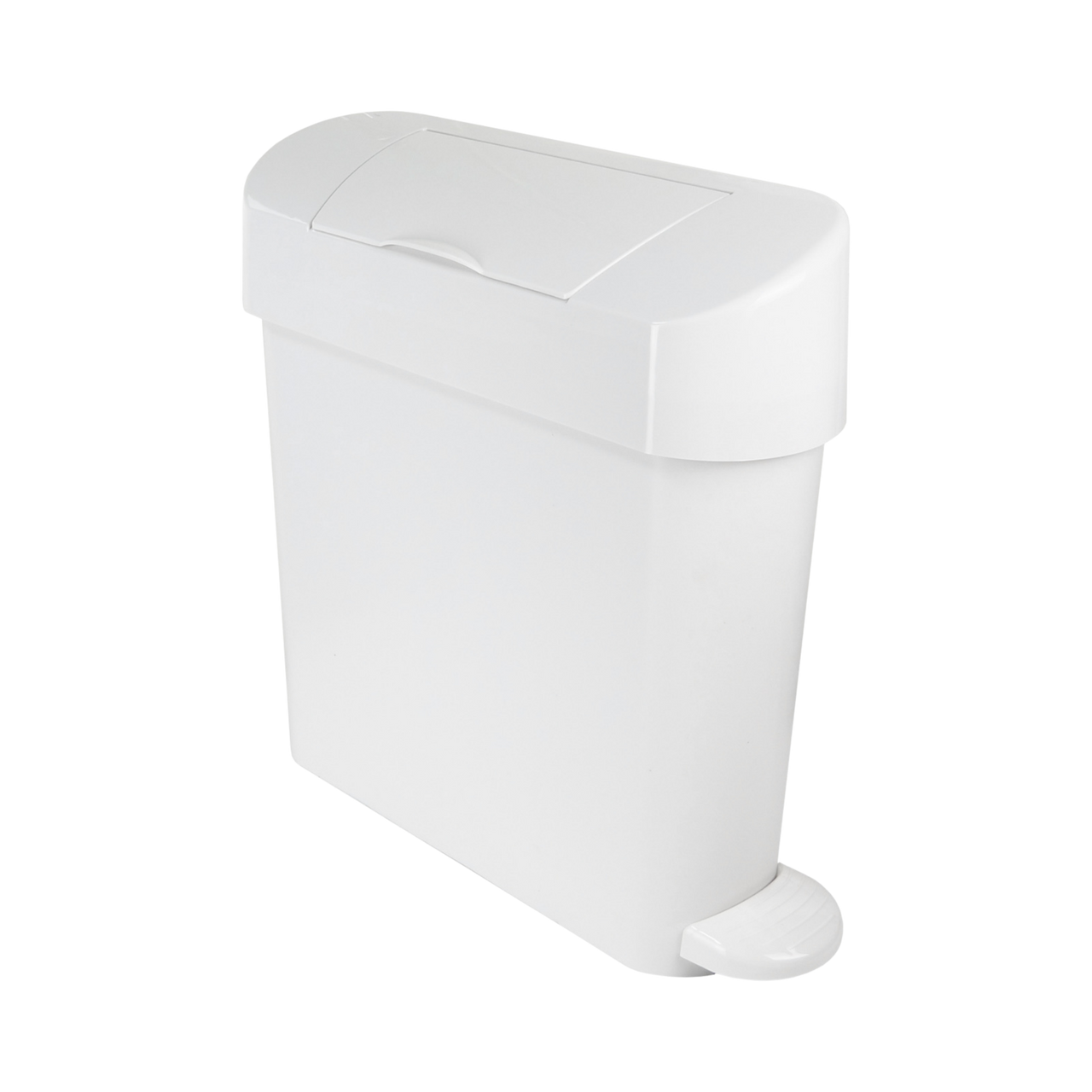 Pedal-Operated Sanitary Bin with Side-Opening Chute Manufactured from White ABS Plastic