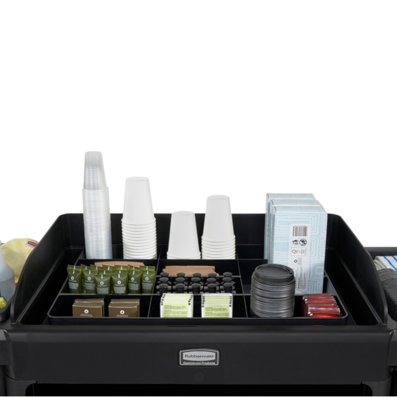 Close-Up View of a Rubbermaid Amenity Organiser on a Housekeeping Cart Filled with Cleaning Supplies
