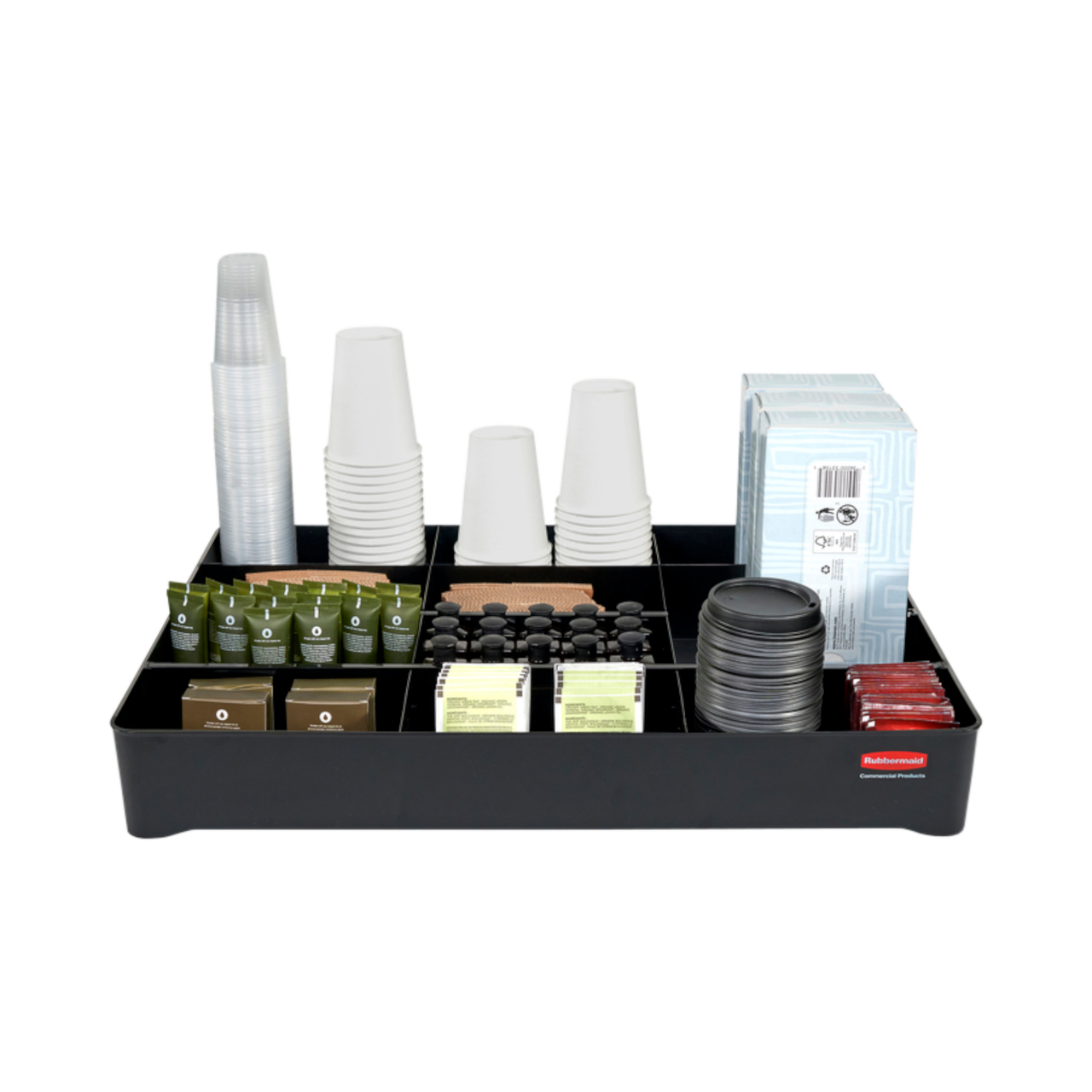 Rubbermaid Amenity Organiser for Housekeeping Carts filled with cleaning supplies and housekeeping essentials