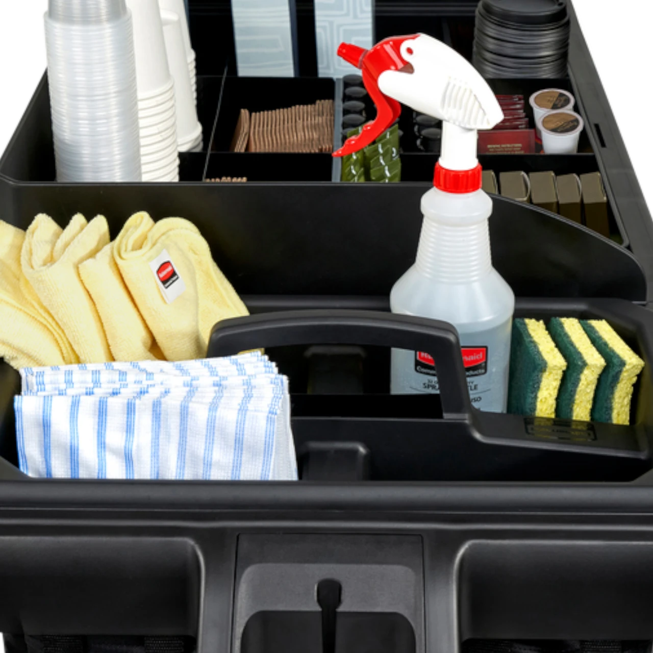 Detailed Close-Up of a Rubbermaid Amenity Organiser and Carry Caddy on a Housekeeping Cart