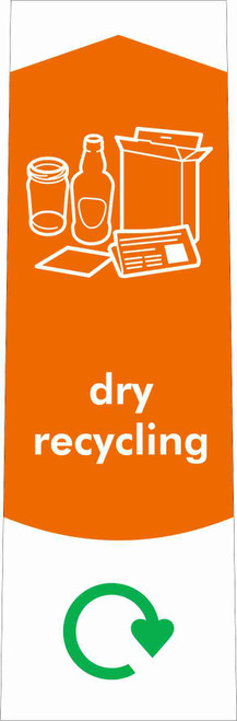 PC115DR - A narrow sticker with the white outline of a box, paper, bottle, jar and can situated on orange background, featuring the recycling logo and dry recycling text