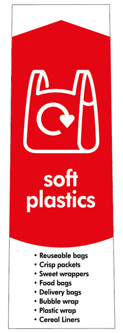 PC115SP - Narrow sticker with white outline of a carrier bag situated on red background, featuring soft plastics text with a list of acceptable packaging and recycling logo PC115SP - Narrow sticker with white outline of a carrier bag situated on red background, featuring soft plastics text with a list of acceptable packaging and recycling logo