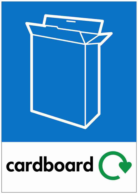 PCA4C - Large, A4 sticker with white outline of cardboard box on a blue background, featuring recycling logo and cardboard text PCA4C - Large, A4 sticker with white outline of cardboard box on a blue background, featuring recycling logo and cardboard text