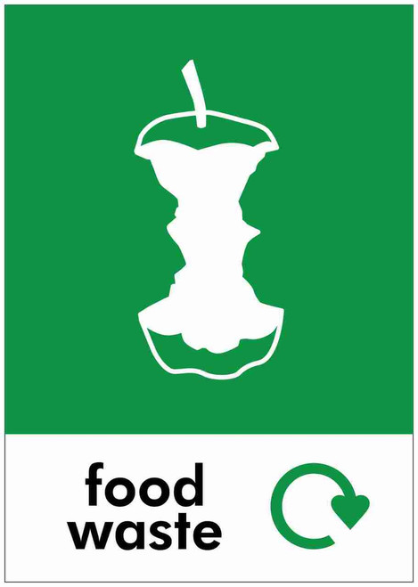 PCA4FW - Large, A4 sticker with white outline of an apple core on green background, featuring recycling logo and food waste text PCA4FW - Large, A4 sticker with white outline of an apple core on green background, featuring recycling logo and food waste text