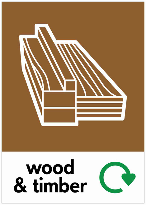 PCA4WT - Large, A4 sticker with white outline of planks of wood situated on brown background, featuring recycling log and wood & timber text