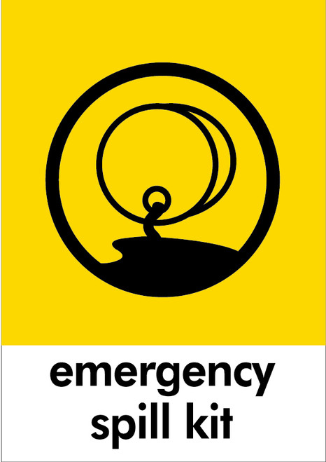 PCA4ESK - A4 sticker with black outline of a barrel spilling liquid on a yellow background, featuring emergency spill kit text PCA4ESK - A4 sticker with black outline of a barrel spilling liquid on a yellow background, featuring emergency spill kit text