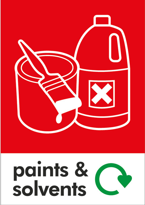 PCA4PS - Large, A4 sticker with white outline of paint can and bottle on red background, featuring recycling logo and paints & solvents text PCA4PS - Large, A4 sticker with white outline of paint can and bottle on red background, featuring recycling logo and paints & solvents text
