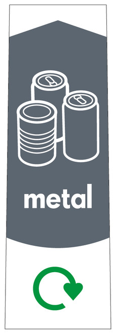 PC115M - Narrow sticker with the white outline of tins & cans on grey background, featuring recycling logo metal text