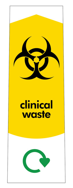 PC115MCW - Narrow sticker with the black biohazard symbol on yellow background, featuring clinical waste text PC115MCW - Narrow sticker with the black biohazard symbol on yellow background, featuring clinical waste text