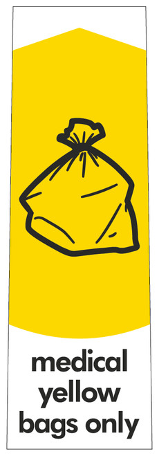 PC115MYB - Narrow sticker with the black outline of a refuse sack on a yellow background, featuring medical yellow bags only text PC115MYB - Narrow sticker with the black outline of a refuse sack on a yellow background, featuring medical yellow bags only text