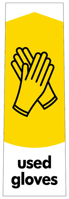 PC115UG - Narrow sticker with the black outline of a pair of gloves on yellow background, featuring used gloves text PC115UG - Narrow sticker with the black outline of a pair of gloves on yellow background, featuring used gloves text