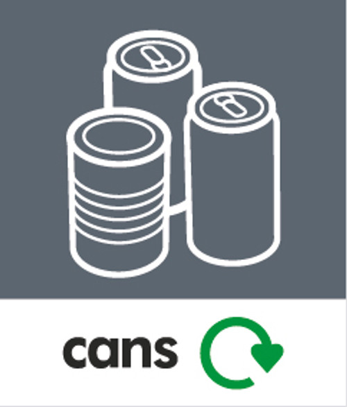 PC85MC - A small square sticker with the white outline of a tins and cans on grey background, featuring recycling logo and metal text