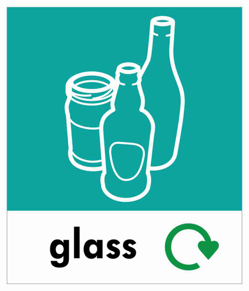 PC85G - A small square sticker with the white outline of bottles and jars on mint background, featuring the recycling logo and glass text