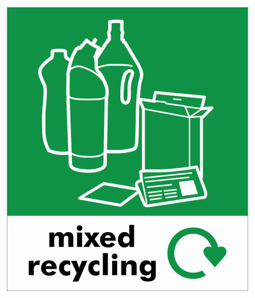 PC85MR - A small square sticker with white outline of paper, bottles, cans & cardboard situated on green background, featuring recycling logo & mixed recycling text PC85MR - A small square sticker with white outline of paper, bottles, cans & cardboard situated on green background, featuring recycling logo & mixed recycling text