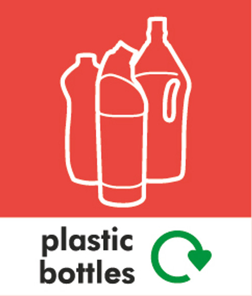 PC85PB - A small square sticker with white outline of three bottles situated on red background and featuring recycling logo and plastic bottles text