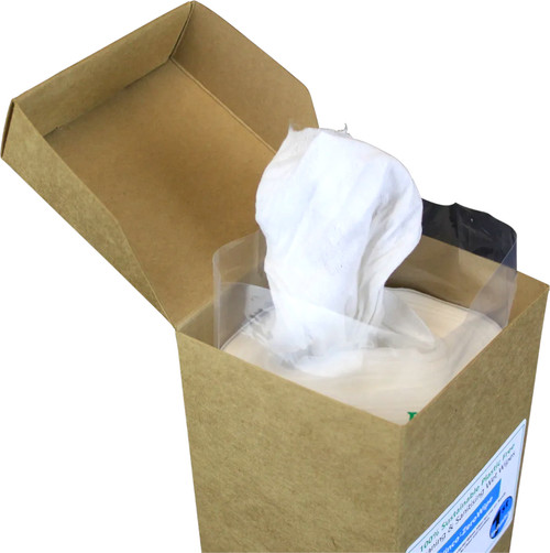 CP223 - Overhead image of Vinco-ZeroWipe Plastic Free Wet Wipe & Dispensing Box with lid open showing sugar cane liner and wipes