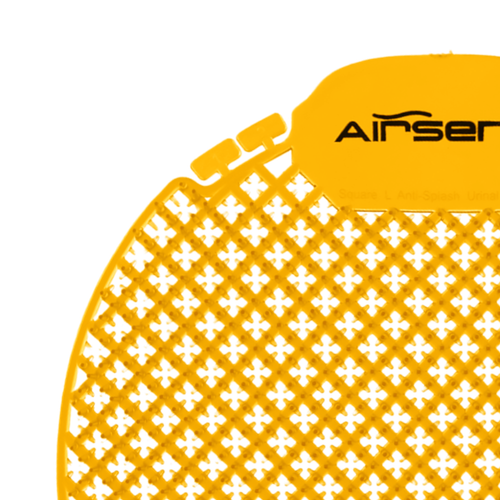 Airsenz Ultra Urinal Screen - Mango Crush - Close-up of Removable Lifespan Tabs Near Branding