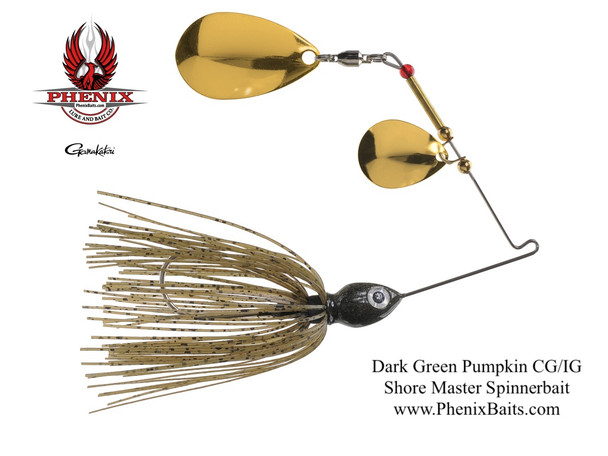 Phenix Shore Master Spinnerbait - Dark Green Pumpkin with Colorado Gold and Indiana Gold Blades