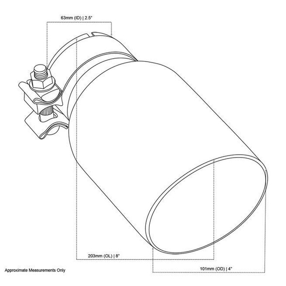 DEA Exhaust Tip Angle Cut Inner Cone 2.5" In - 102mm Out 8" Long 304 Stainless