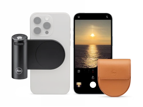 Leica LUX Kit including grip, case, and demo of phone with LUX app.