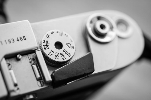 Close-up of Leica M film camera and mechanical controls