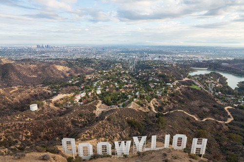 Aerial view of the Hollywood Hills with the Hollywood sign