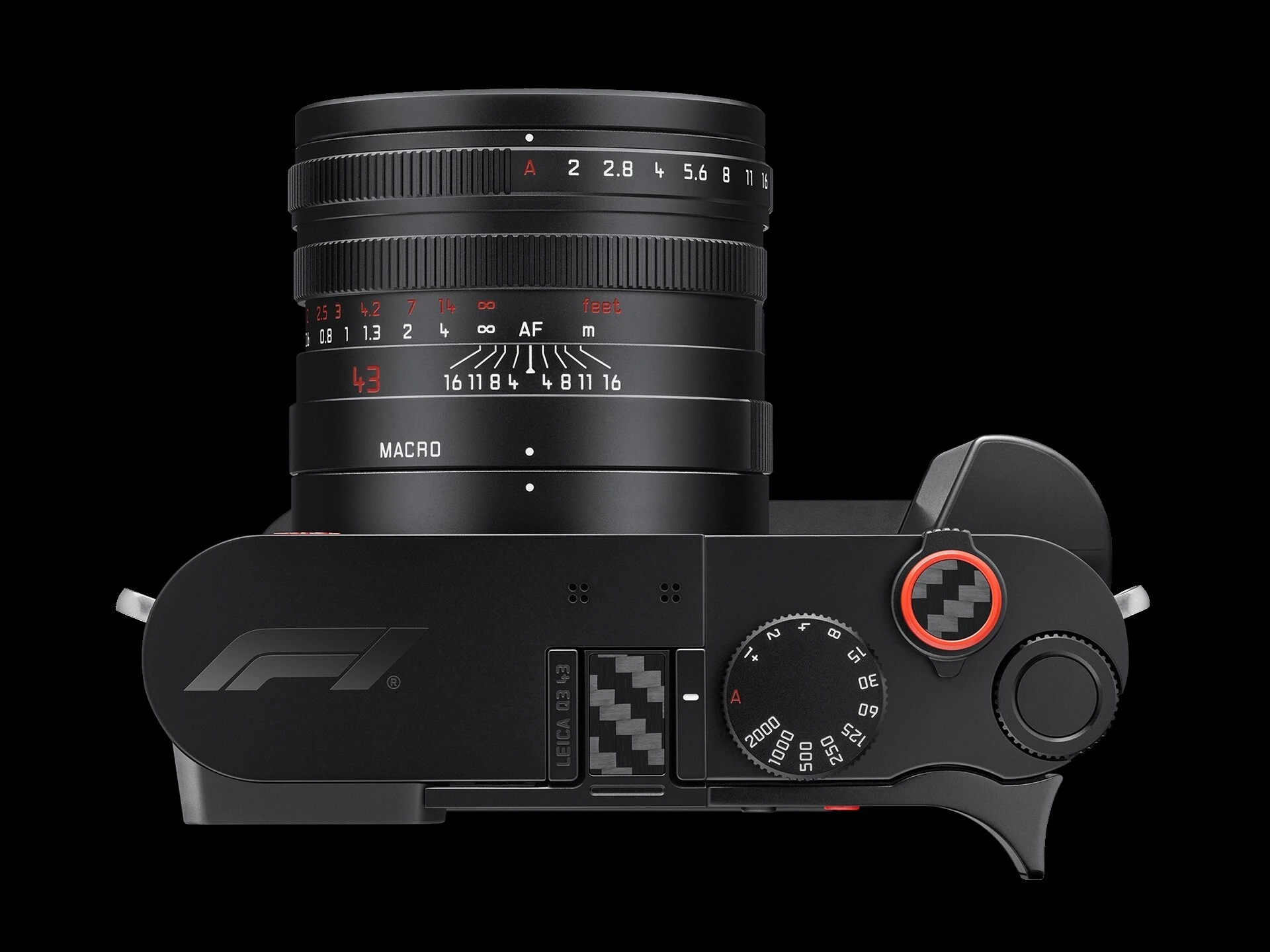 Top view of the Leica Q3 43 Formula 1® Edition showing the APO-Summicron 43 f/2 ASPH. lens, carbon-fiber details and red-accent soft-release button