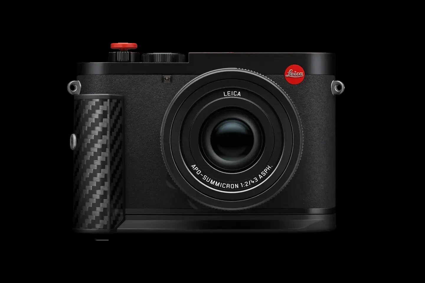 Front view of the Leica Q3 43 Formula 1® Edition with carbon-fiber hand grip and red soft-release button
