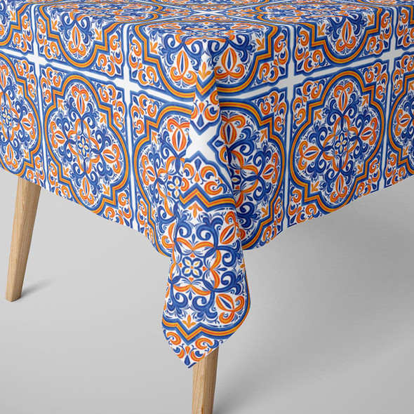 Square Squared Blue Islamic Tiles Tablecloth 135X135 cm