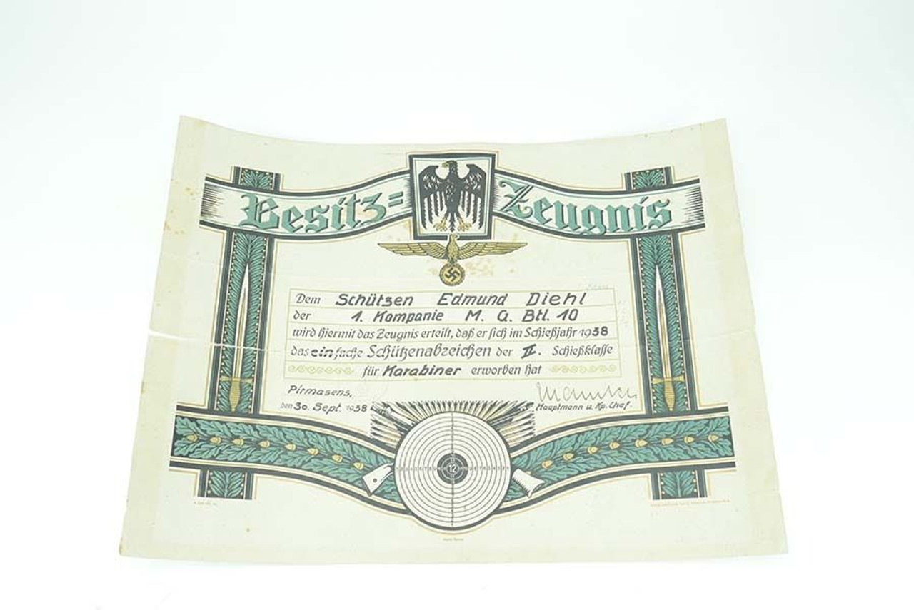 German Army Shooting Certificate - 1938