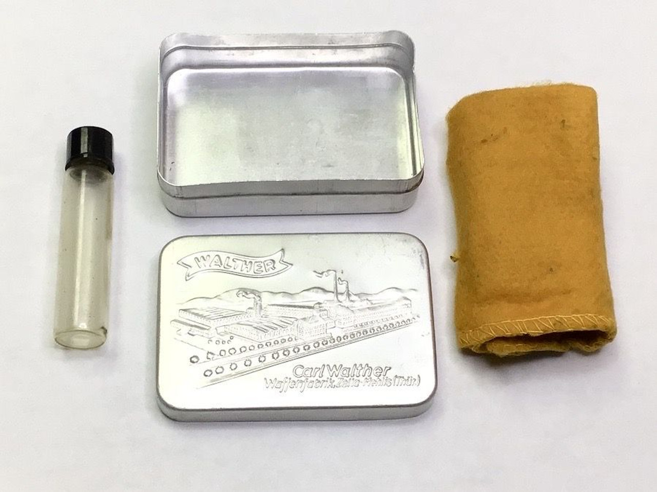 Early Walther Cleaning Tin - Cloth and Bottle - 1