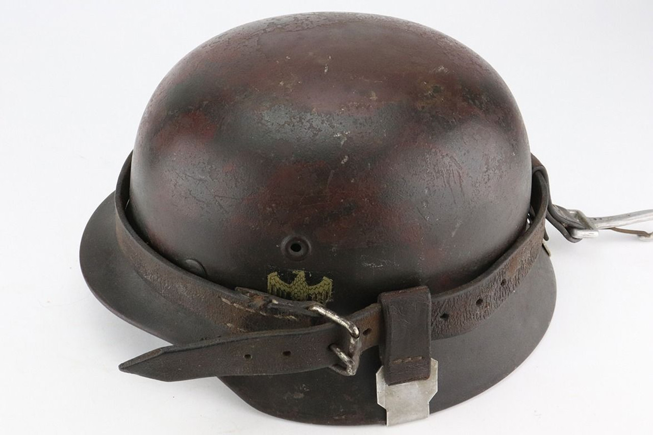 M40 Single Decal German Army Helmet - With Leather Carrying Harness - 1