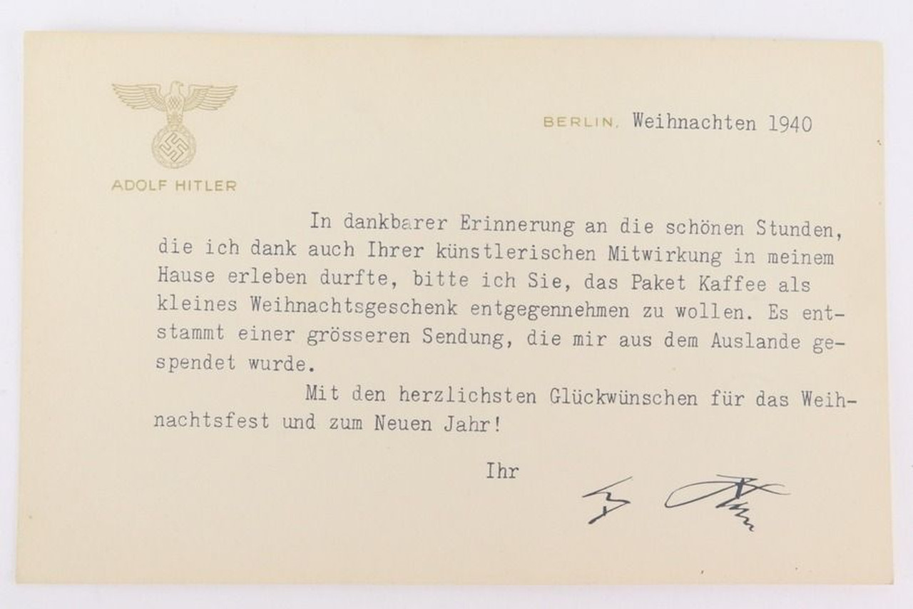 1940 Adolf Hitler Typed Christmas Card - With Hitler Signature - 1