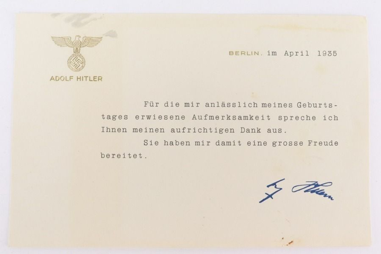 1935 Adolf Hitler Typed Birthday Card - With Hitler Signature - 1