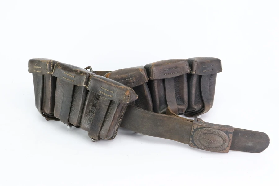 WWII German Luftwaffe field gray enlisted belt buckle with leather belt and two K98 ammo pouches
