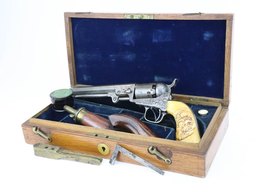 Engraved Colt London Model 1849 Pocket revolver in case - in fitted case with accessories