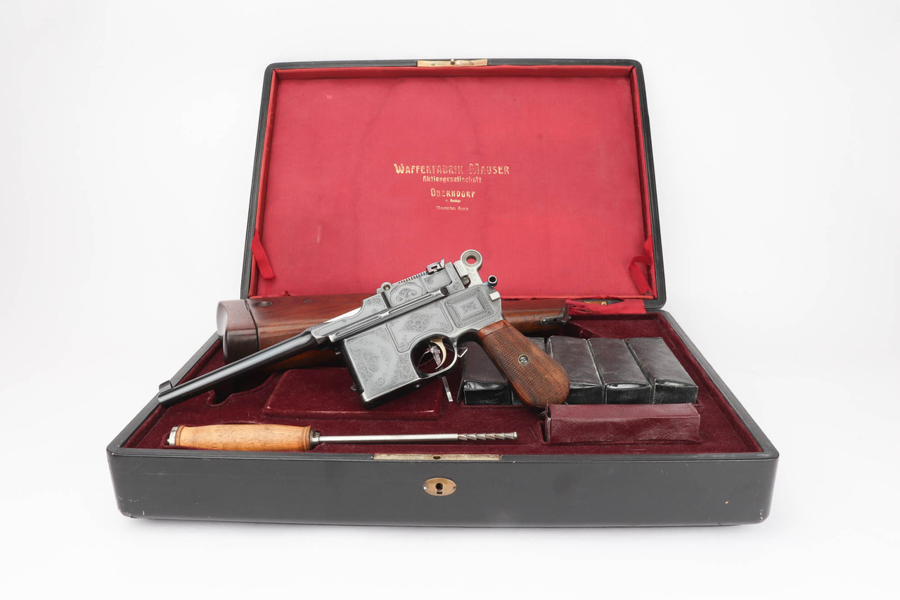 SOLD - Cased, Engraved Mauser C96 Broomhandle - Large Ring Hammer