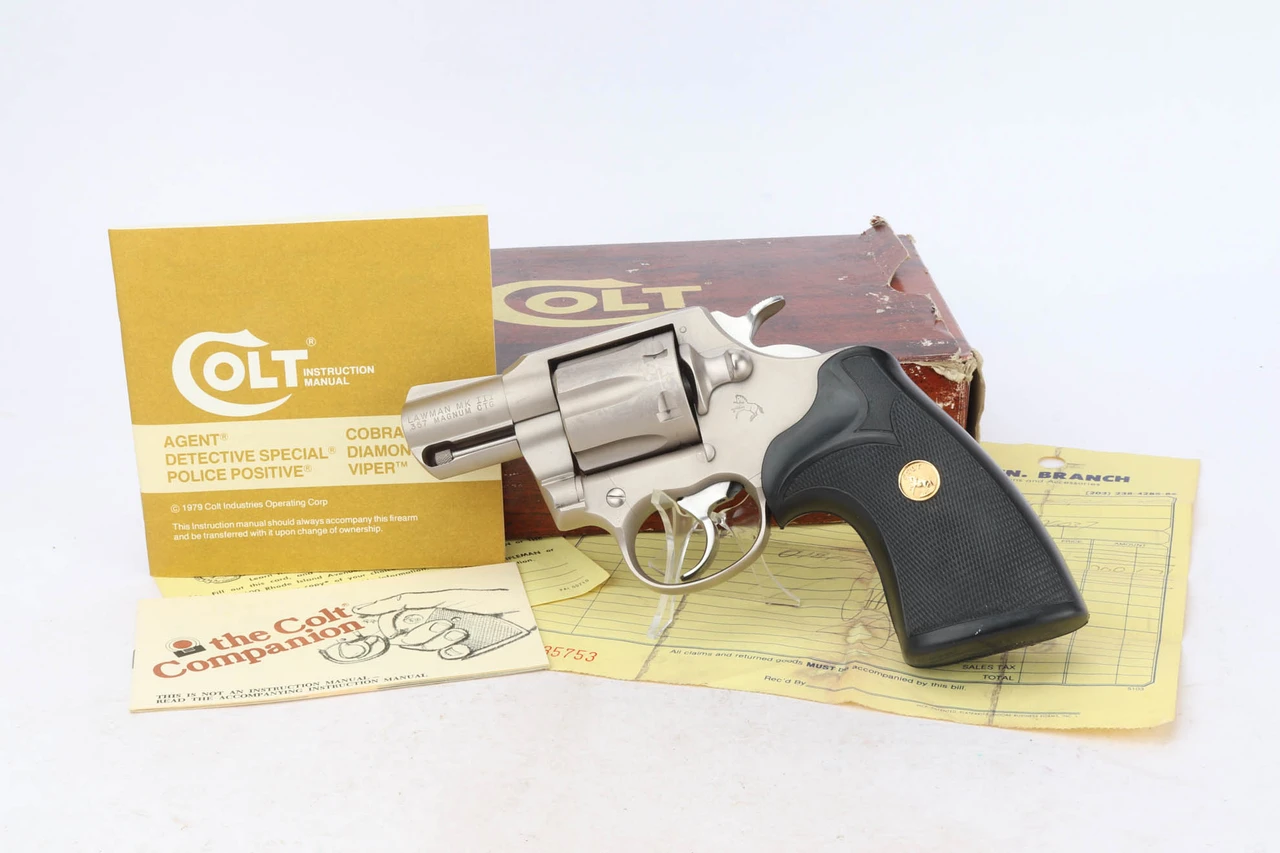 Satin nickel Colt Lawman III revolver with box - with box and paperwork