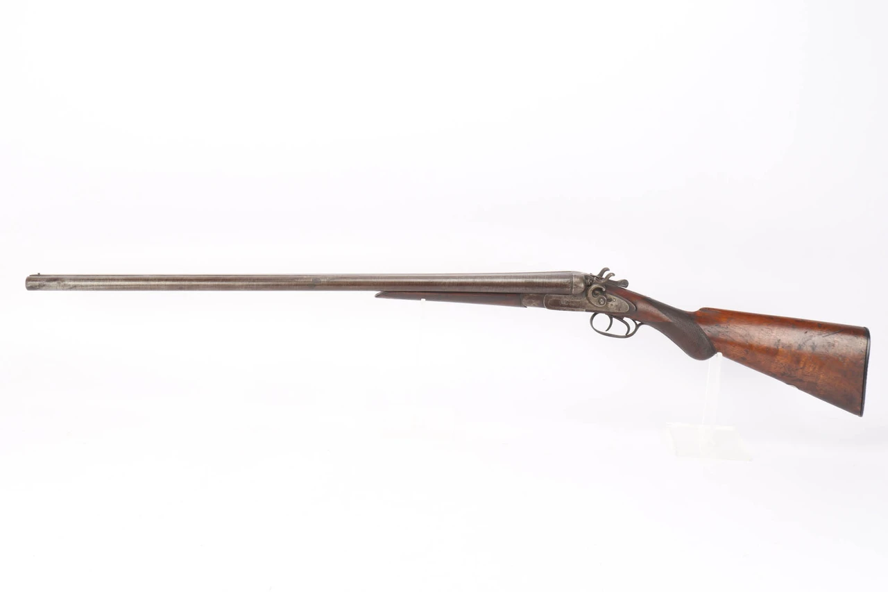 Belgian Damascus side by side 16 gauge shotgun - left side full view