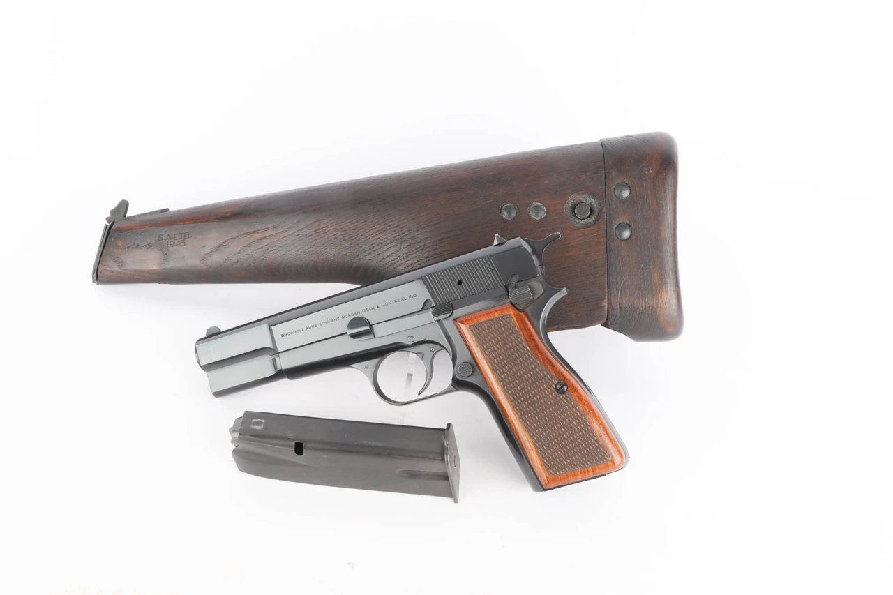 Full-auto Browning Hi Power with shoulder stock - with shoulder stock holster
