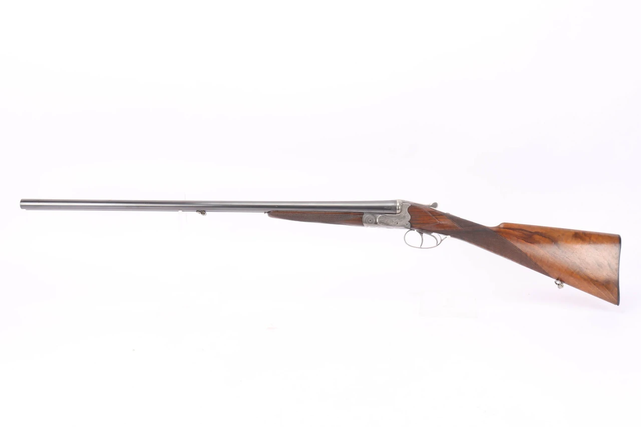 Engraved Belgian Guild side by side 16 gauge shotgun - left side full view