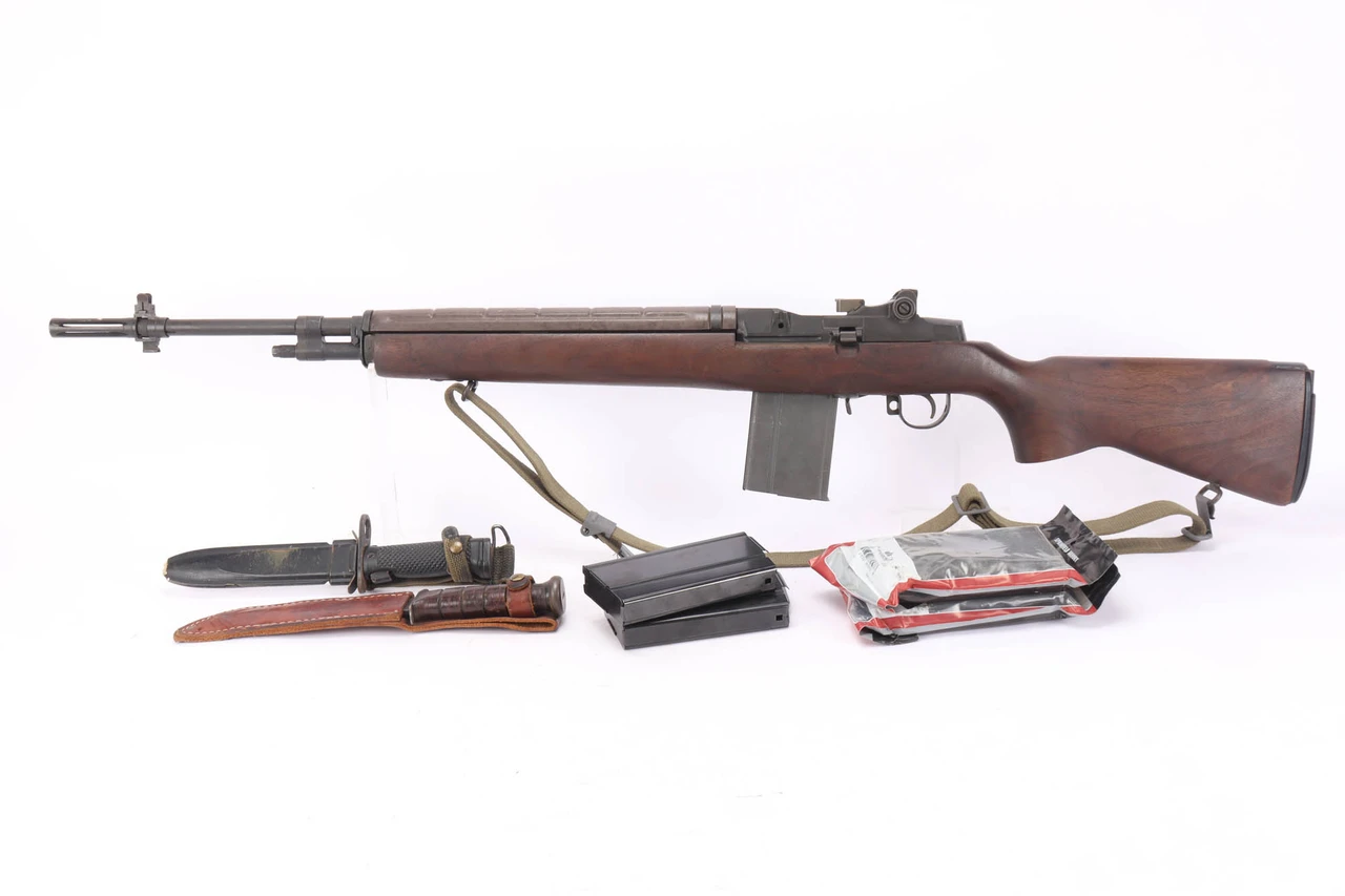 Springfield M1A Super Match rifle with bayonet and KA-BAR - left side full view with accessories