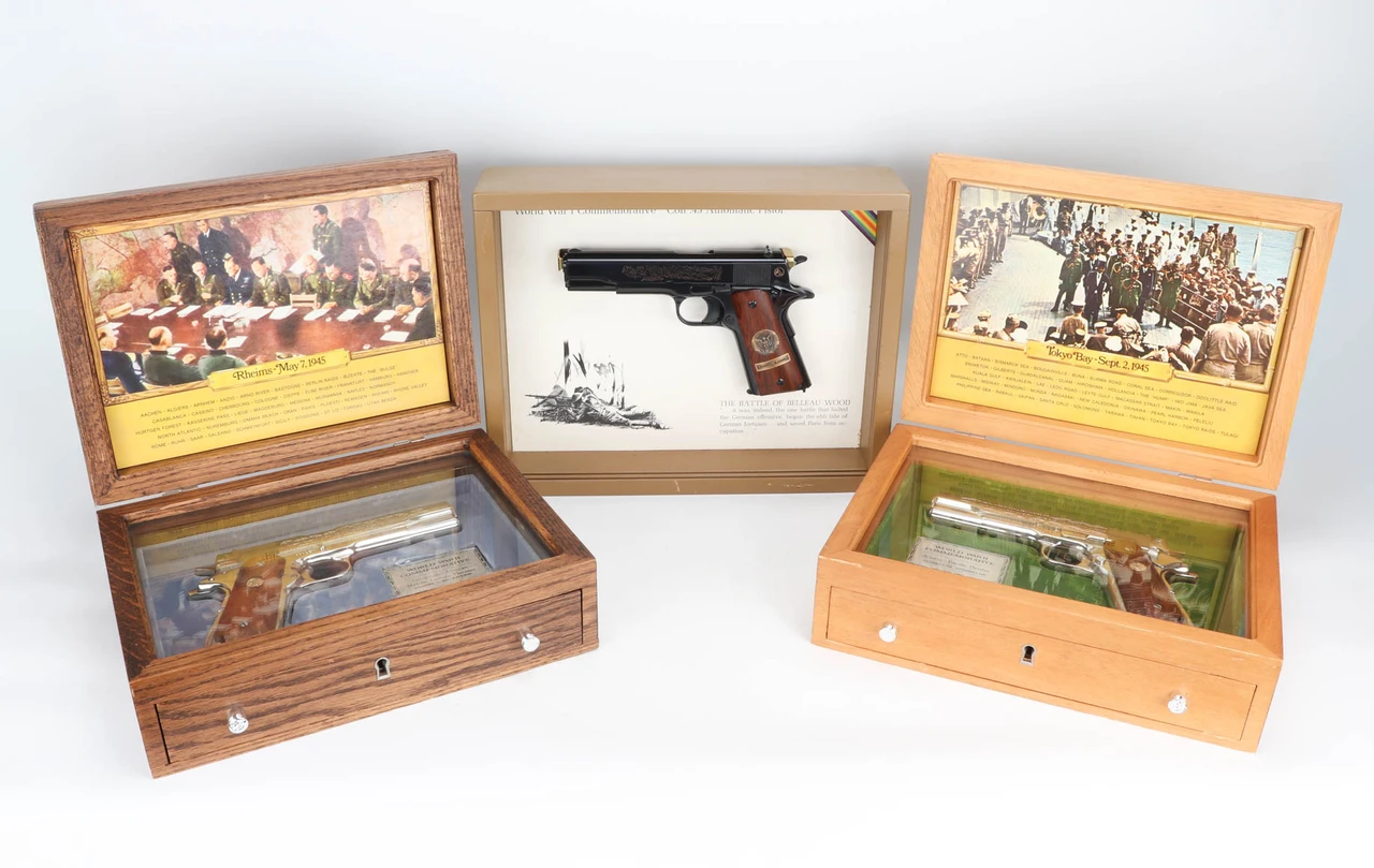 Mint Set of 3 Serial Number-Matching WWI & WWII Commemorative 1911s