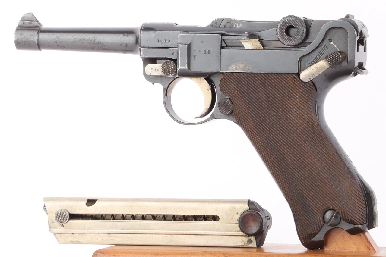1918 Erfurt Luger police rework 9mm pistol - left side view with police magazine