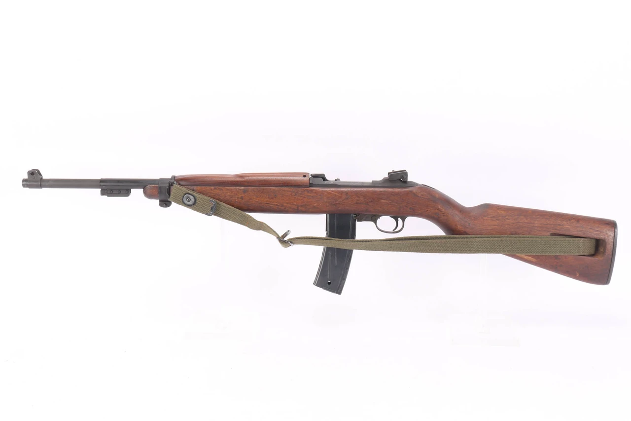 1943 National Postal Meter M1 Carbine .30 Carbine - full left side view with canvas sling and 30 round magazine